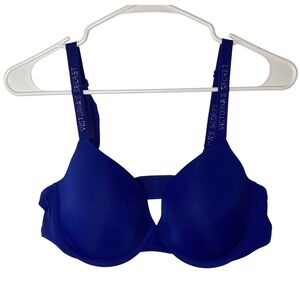 Victoria's Secret Logo Strap Push-Up Plunge Bra Blue Underwire Padded 32D Est